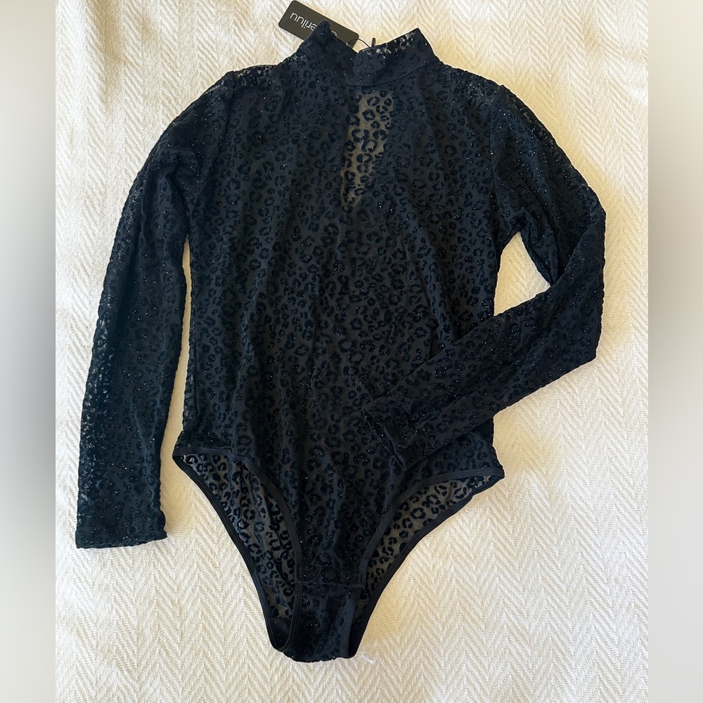 Lace Sheer Long Sleeve Bodysuit Leopard Black Snap Button Closure